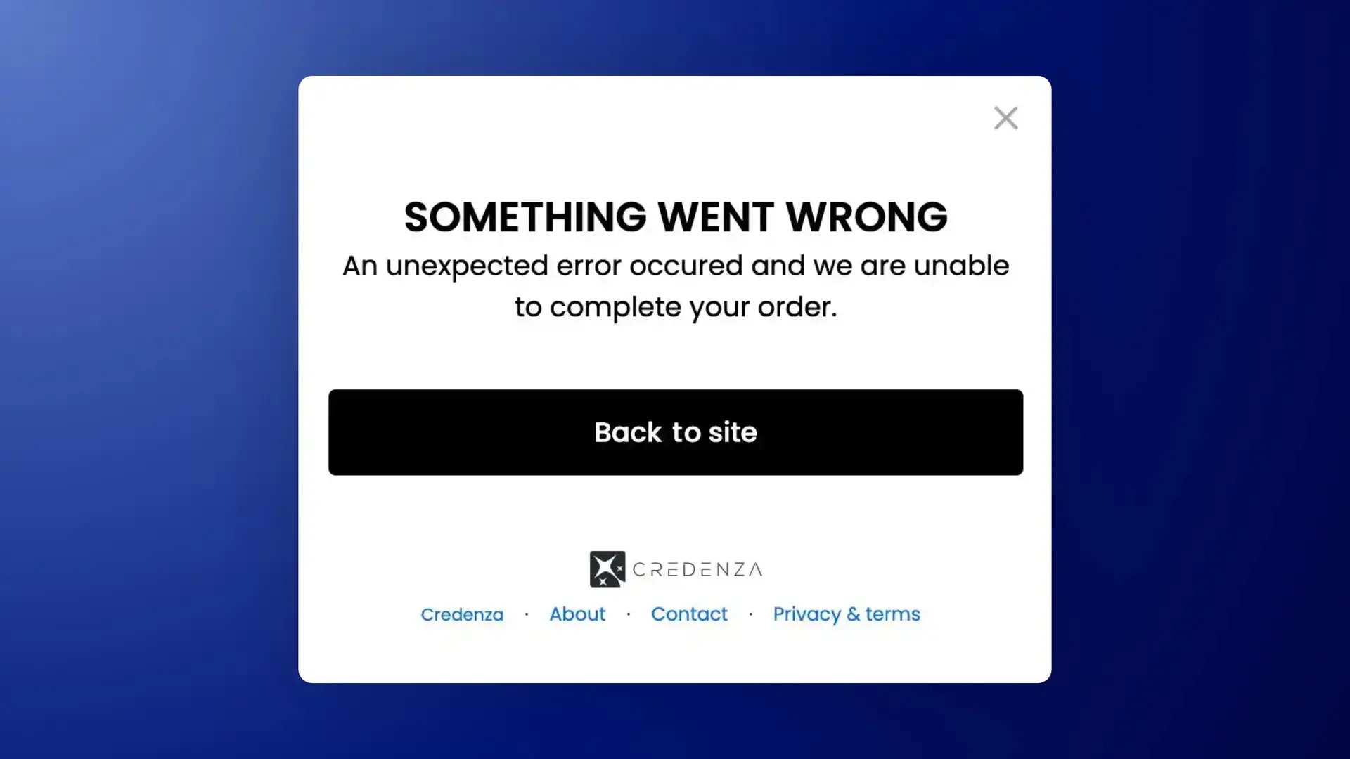 Credenza error page with message 'Something went wrong' and 'Back to site' button.
