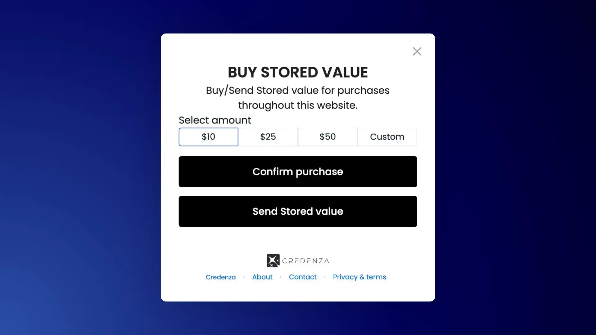 Credenza Send Tokens Page - Buy Stored Value Modal