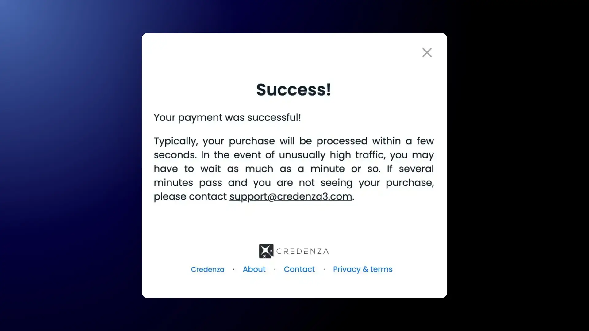 Credenza payment success message with contact and navigation links.
