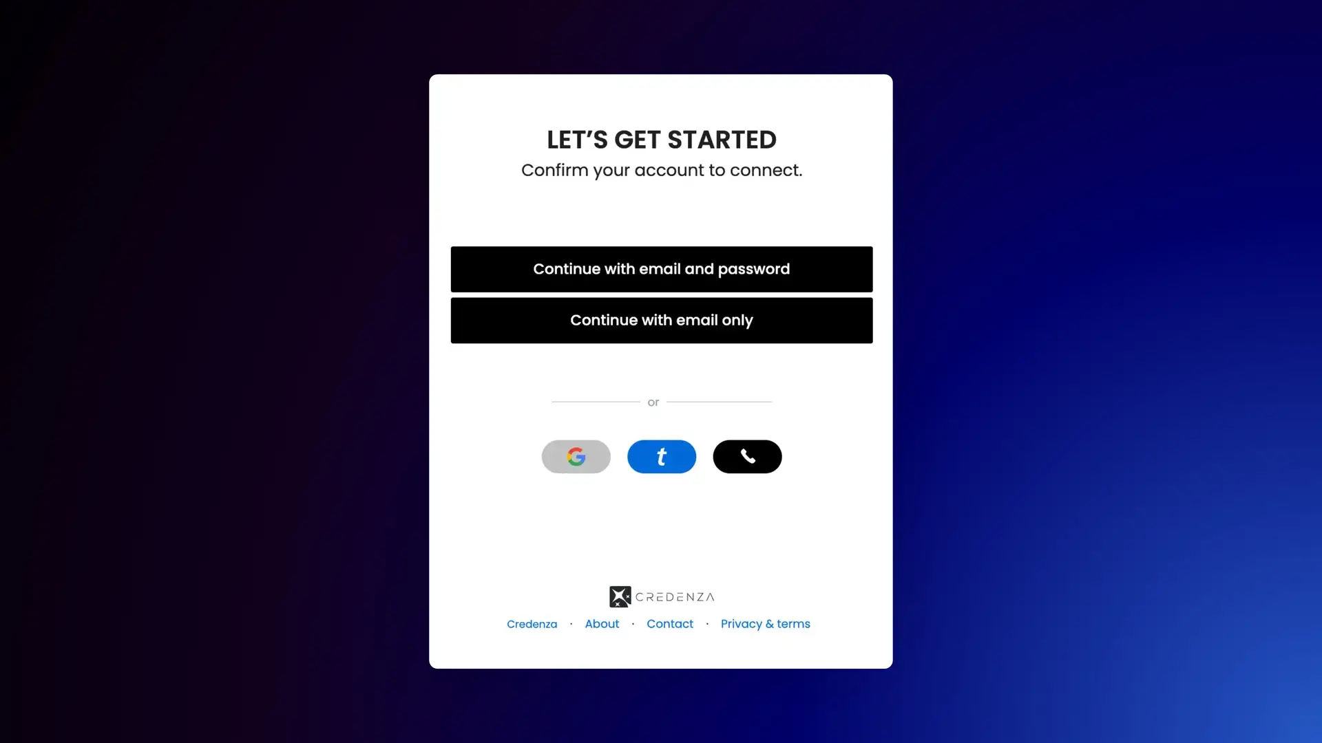 Credenza authentication screen with options for email and password or email only sign-in, and alternative sign-in methods.