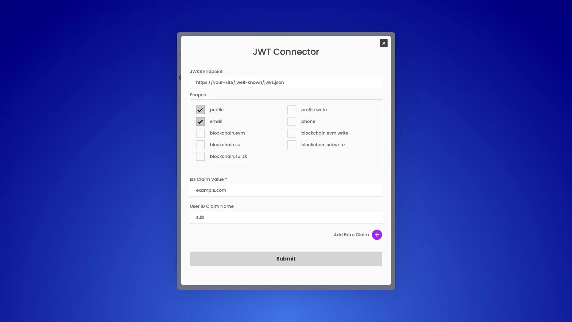 Credenza JWT Connector configuration screen for setting up JWT with scopes and claims.