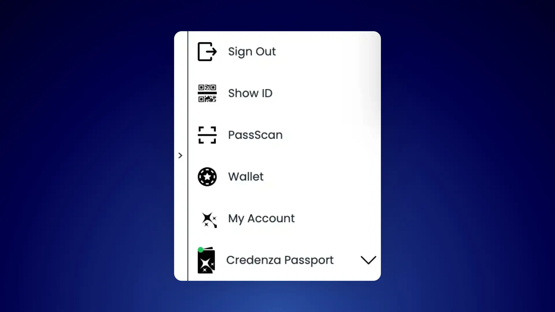 Credenza Wallet Page dropdown menu with options for Sign Out, Show ID, PassScan, Wallet, My Account, and Credenza Passport.