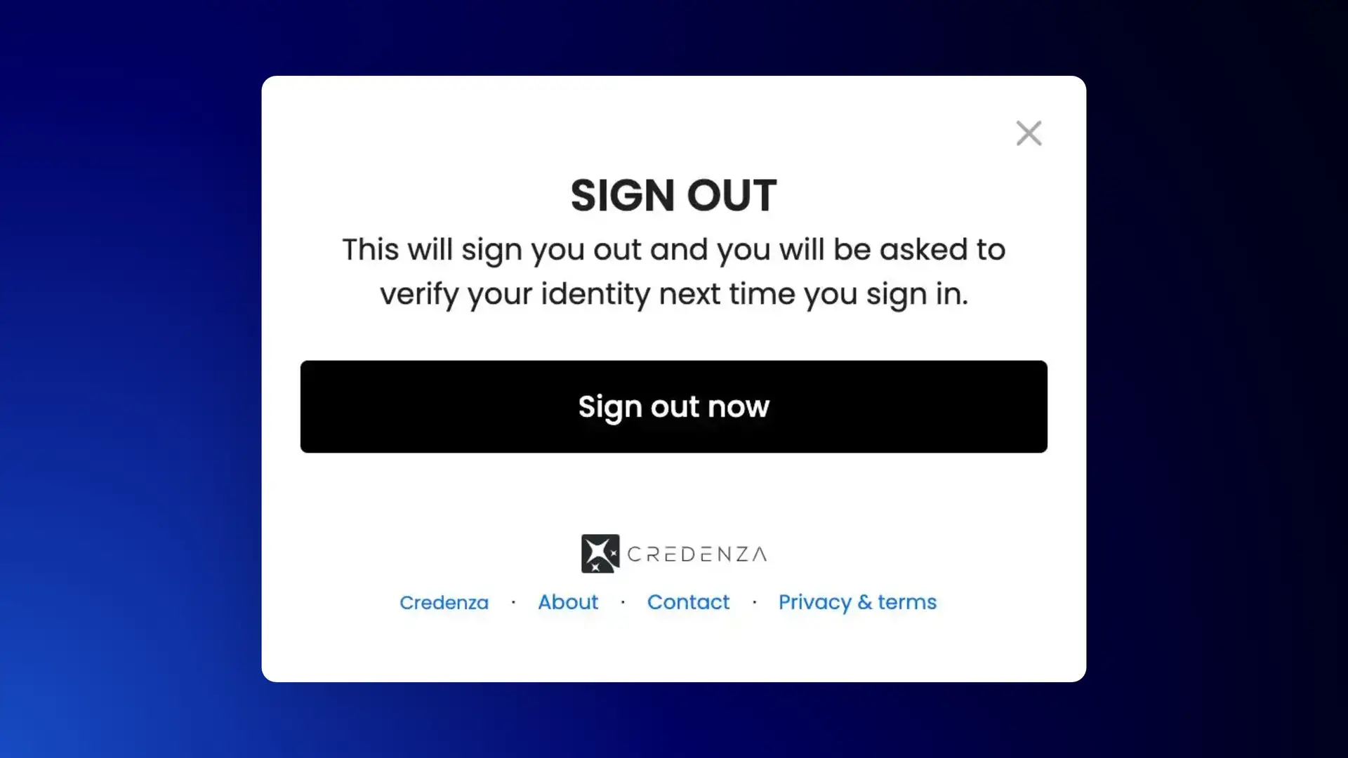 Credenza sign-out confirmation screen with sign-out button and navigation links.