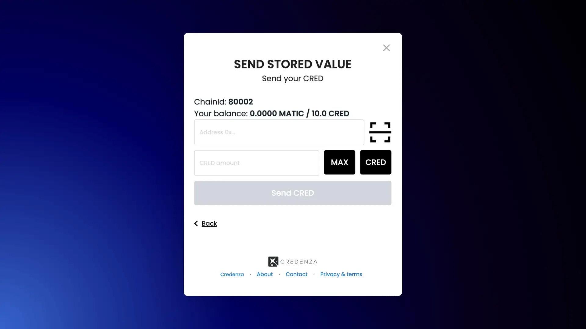 Credenza Send Tokens Page - Send Stored Value