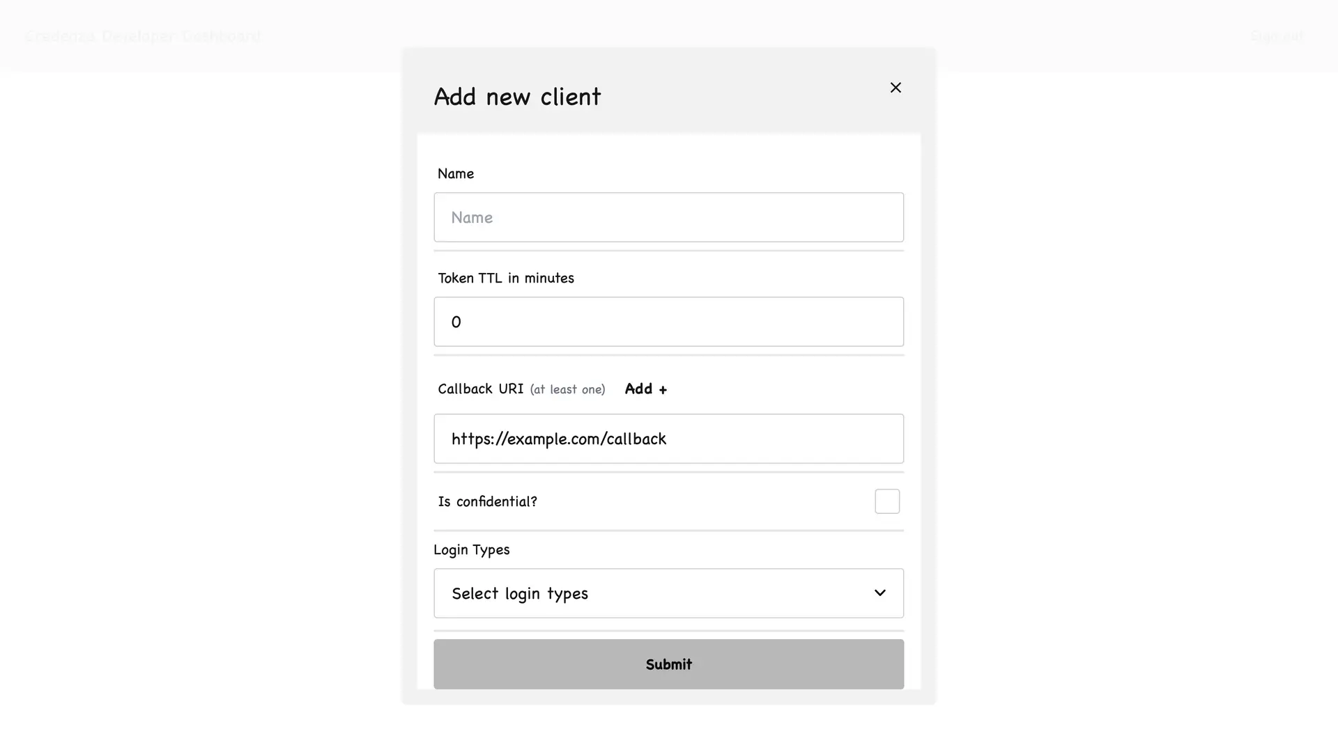 Credenza Developer Dashboard - Add new client form for managing OAuth clients