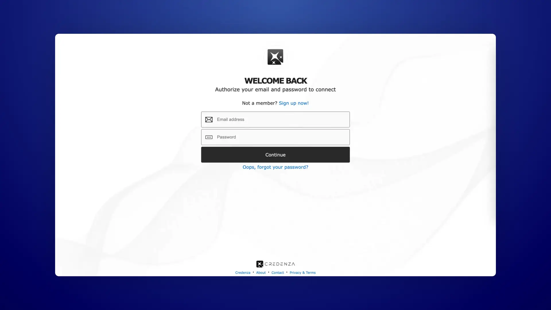 Credenza login page using Passport JS SUI SDK for authentication