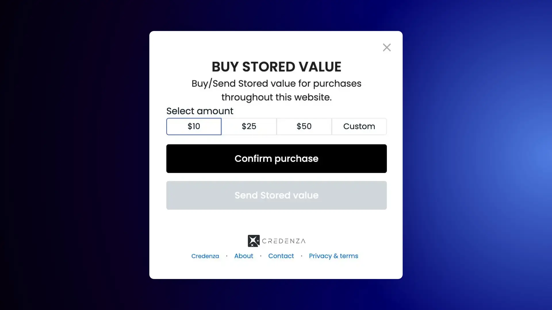 Credenza Buy Stored Value modal with options for $10, $25, $50, or Custom amount.