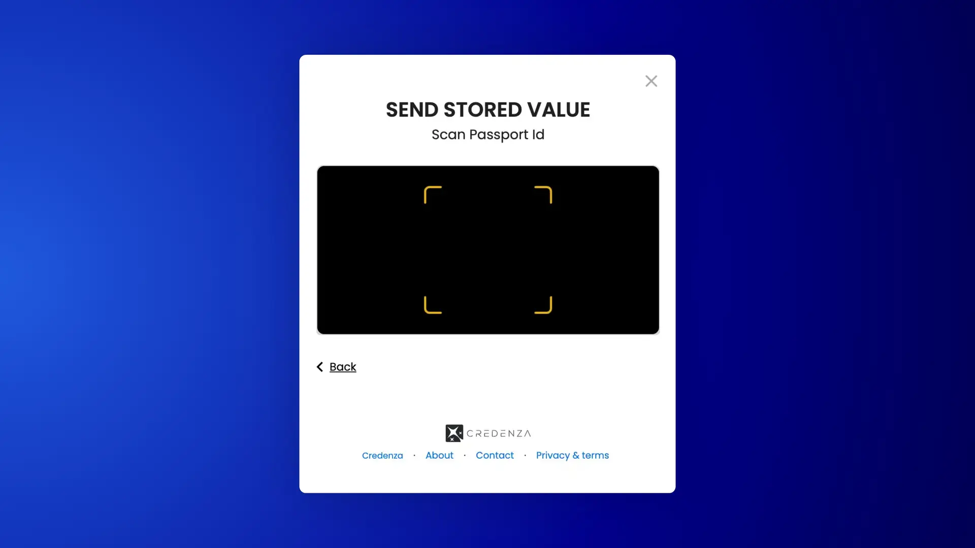 Credenza Send Stored Value screen for scanning Passport ID