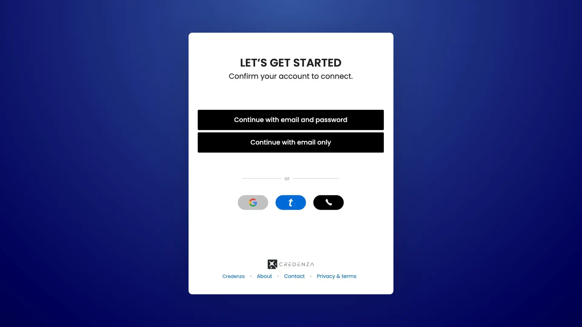 Credenza Sign In Page with options for email, Google, Twitter, and phone sign-in.