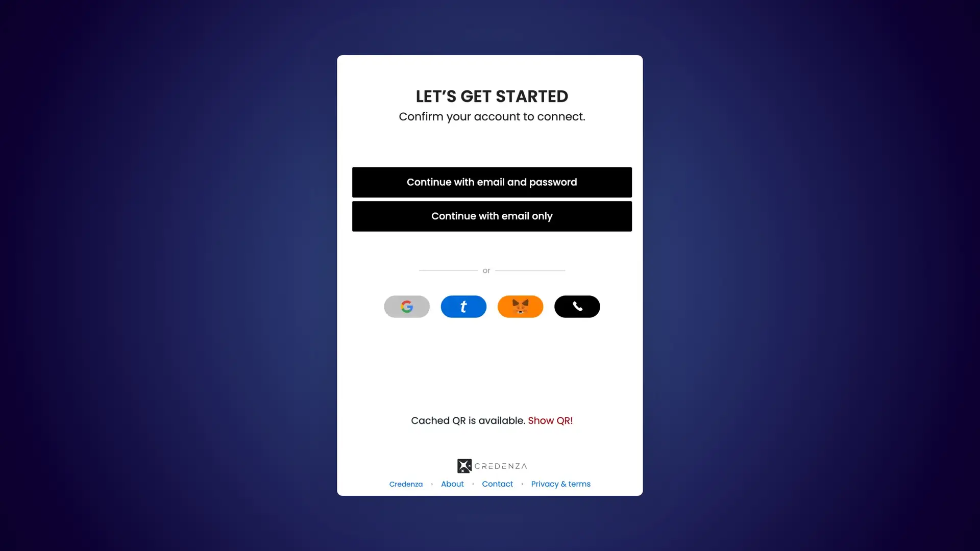 Credenza authentication screen with email, password, and alternative sign-in options.