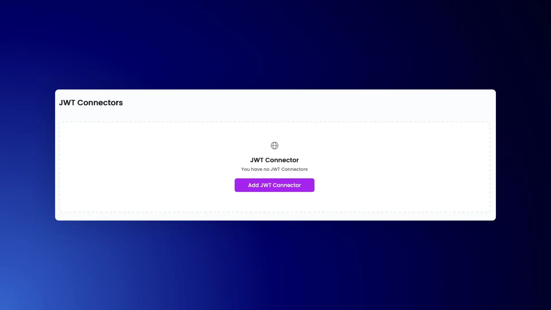 Credenza API JWT Connectors screen showing no connectors with an option to add a new JWT Connector.