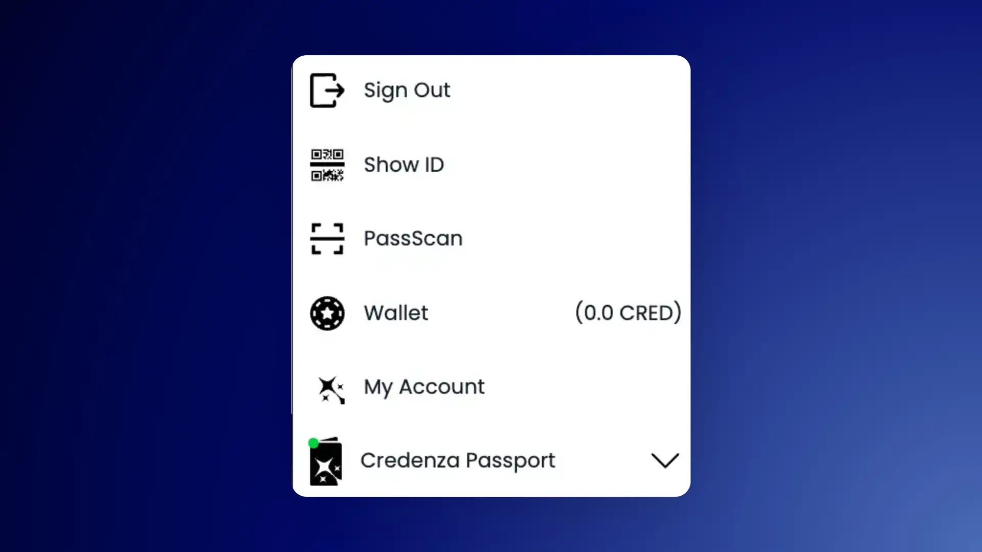 Credenza Presence menu with options for Sign Out, Show ID, PassScan, Wallet, My Account, and Credenza Passport.