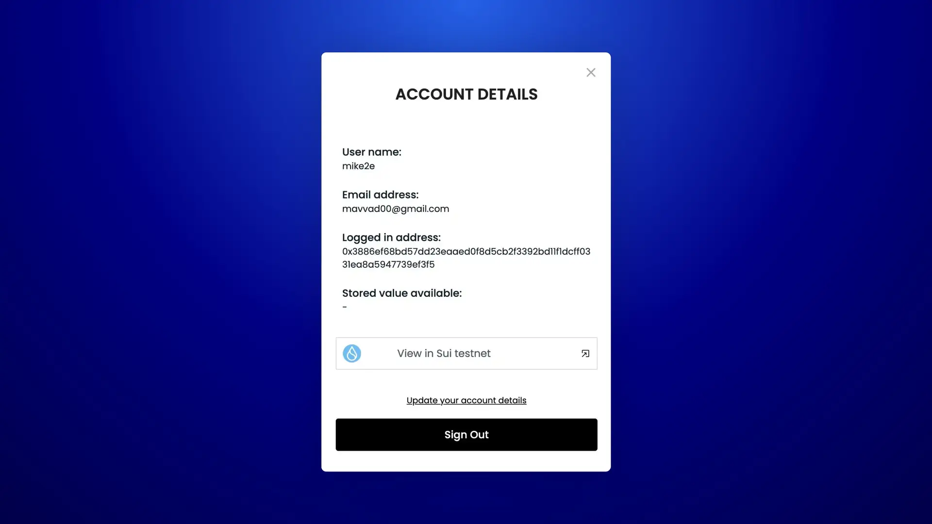 Credenza Account Details page showing user information and options to view in Sui testnet, update details, or sign out.