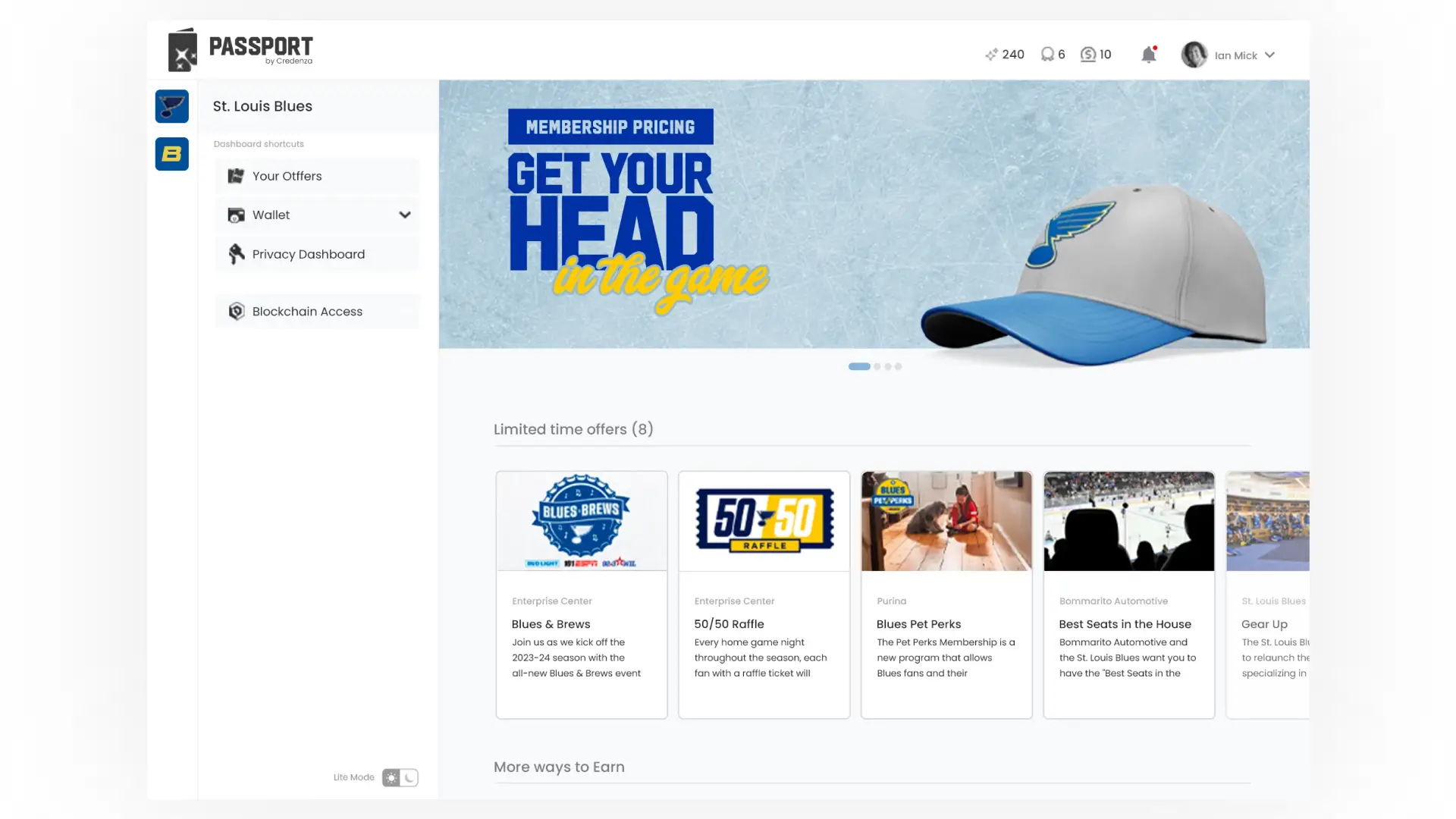 Passport platform by Credenza for St. Louis Blues showing dashboard shortcuts and limited time offers.